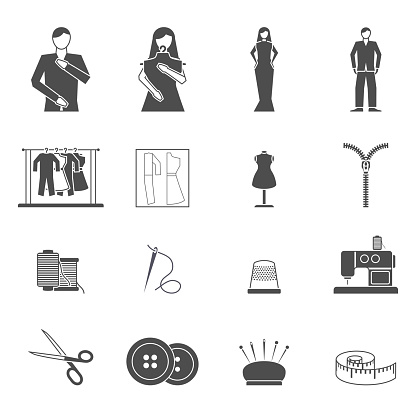 Black and white clothes and fashion designer tools and materials flat icon set isolated vector illustration