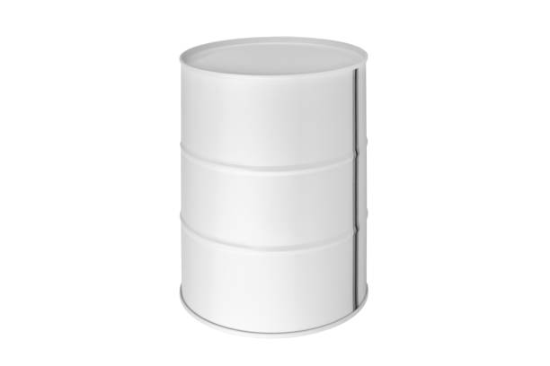 White metal barrel on white background isolated close up, oil drum, steel keg, tin canister, blank closed food or paint can, aluminium cask, petroleum storage packaging, fuel container, gasoline tank barril de metal blanco sobre fondo blanco aislado de cerca, tambor de aceite, barril de acero, bote de estaño, alimento cerrado en blanco o lata de pintura, barril de aluminio, embalaje de almacenamiento de petróleo, contenedor de combustible, tanque de