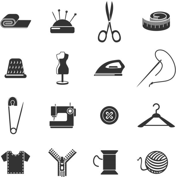 ilustraciones, imágenes clip art, dibujos animados e iconos de stock de icono de costura conjunto en blanco y negro - needle thread sewing red