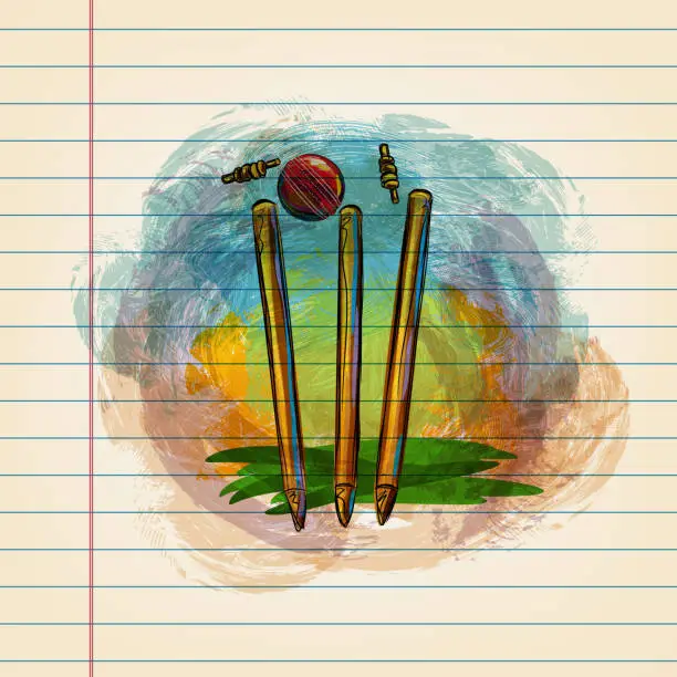 Vector illustration of Cricket Wickets and ball Drawing on Ruled Paper