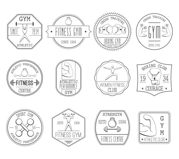 fitness logo set Fitness and sports athletic centre black white logo set flat isolated vector illustration 1954 illustrations stock illustrations