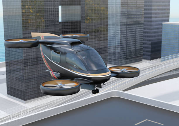 Black flying car (air taxi) takeoff from Drone Port