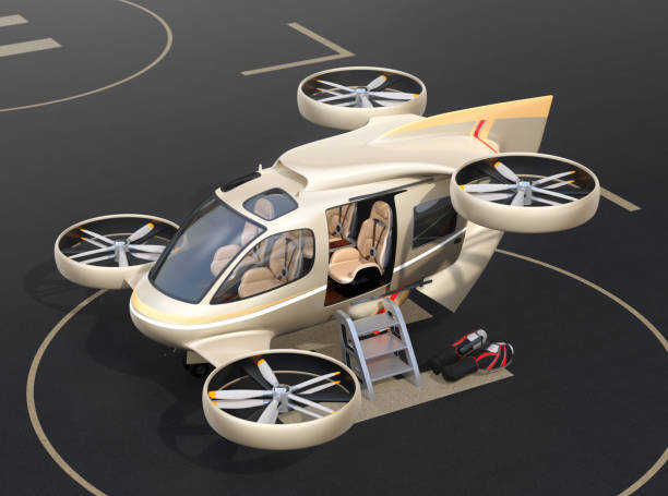 istock Metallic golden flying car ( air taxi) parking on Drone Port 1201095279