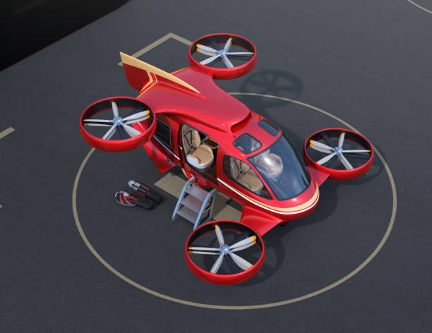 istock Metallic red flying car ( air taxi) parking on Drone Port 1201095386