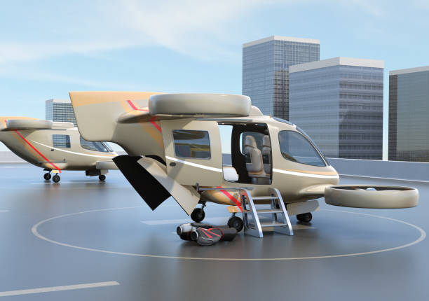istock Metallic golden flying car ( air taxi) parking on Drone Port 1201095527