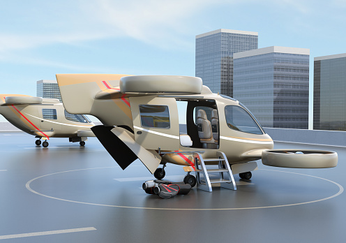 Metallic golden flying car ( air taxi) parking on Drone Port.  3D rendering image.
