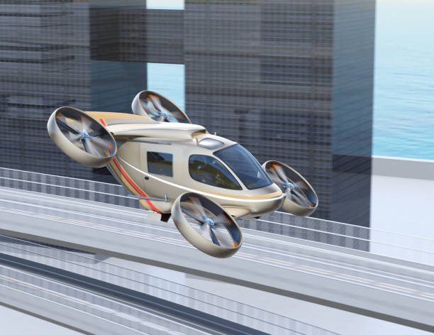 Flying car ( air taxi) flying in the sky Flying car ( air taxi) flying in the sky. Highway and urban building on the background. 3D rendering image. tilt rotor stock pictures, royalty-free photos & images