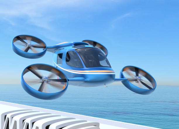 Metallic blue Passenger Drone (air taxi) flying in the sky Metallic blue Passenger Drone (air taxi) flying in the sky. 3D rendering image. tilt rotor stock pictures, royalty-free photos & images