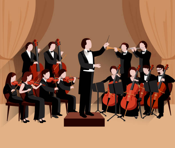 오케스트라 - illustration technique people performing arts event musical instrument stock illustrations