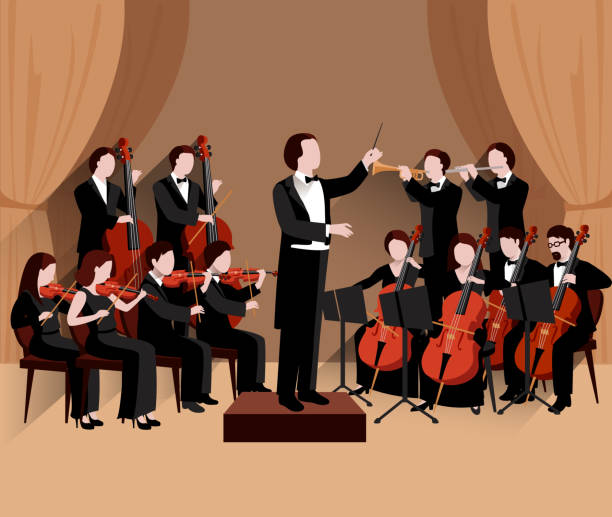 orchestra Symphonic orchestra with conductor violins chello and trumpet musicians flat vector illustration concert illustrations stock illustrations