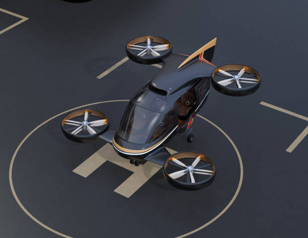 istock Black flying car (air taxi) parking on Drone Port 1201095671