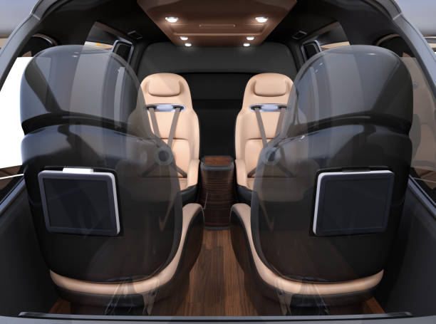 Luxury interior of flying car (air taxi) with comfortable leather seats Luxury interior of flying car (air taxi) with comfortable leather seats. Transparent layer composite. 3D rendering image. tilt rotor stock pictures, royalty-free photos & images