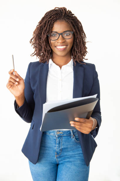 Content businesswoman holding folder and pen