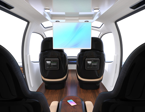Luxury interior of flying car (air taxi). Monitor mounted on ceiling for meeting or entertainment. 3D rendering image.