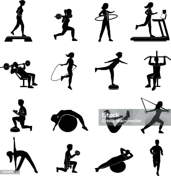 Fitnessmenschensymbole Schwarz Stock Vektor Art und mehr Bilder von Icon - Icon, Fitnesstraining, Trainingsraum - Freizeiteinrichtung