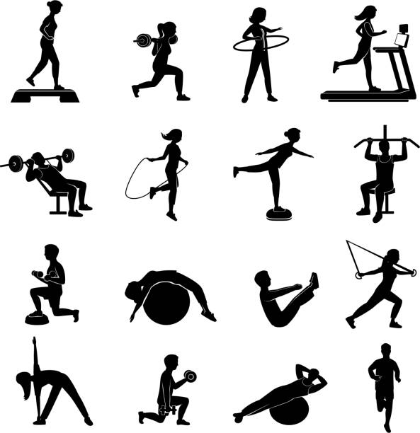 fitness people icons black Fitness cardio workout and body shaping exercise with aerobic equipment black icons set abstract isolated vector illustration gym icons stock illustrations
