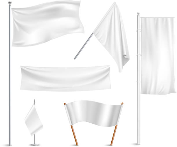 white flags Various white flags and banners pictograms collection with hoisted and half-mast lowered positions abstract vector illustration flagpole stock illustrations