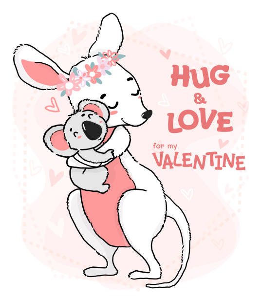 ilustrações de stock, clip art, desenhos animados e ícones de cute outline drawing koala hug and love kangaroo, flat vector animal character cartoon idea for greeting card, nursery print and kid stuff, for my valentine - koala animal love cute