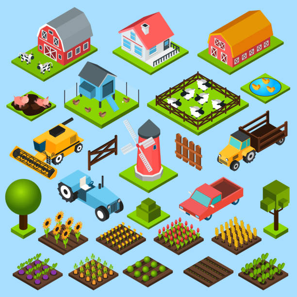ikony farmy izometryczne - isometric combine harvester tractor farm stock illustrations