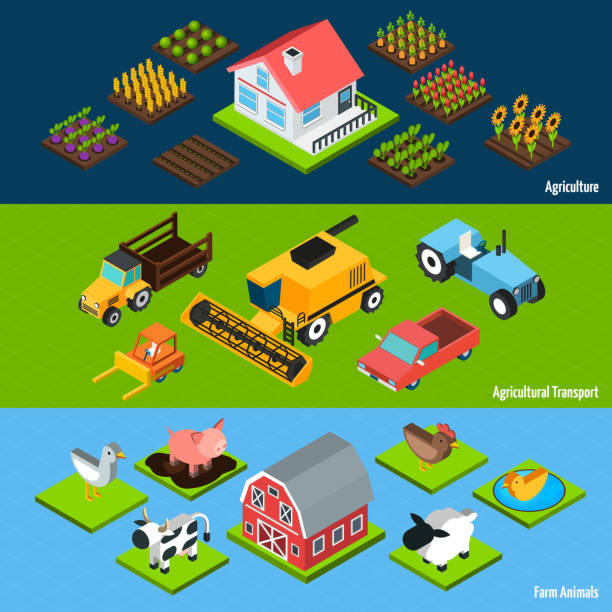 izometryczne banery rolnicze - isometric combine harvester tractor farm stock illustrations