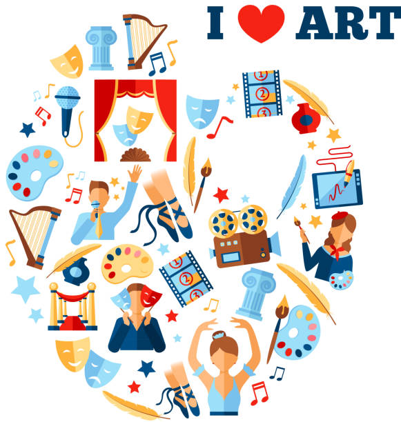 art culture form Art concept illustration with artist and creativity symbols in circle shape vector illustration music culture stock illustrations