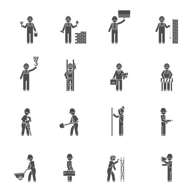 icon builder Builders and worker welder bricklayer handyman and plasterer silhouette flat black icon set isolated vector illustration factory worker silhouette stock illustrations