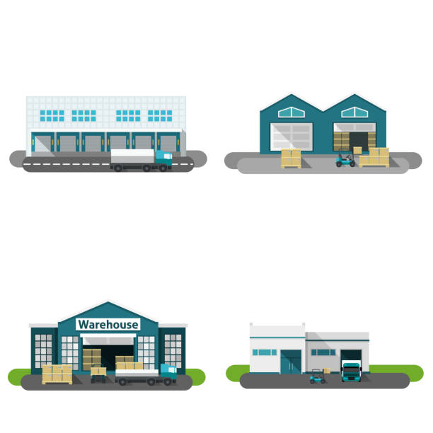 warehouse flat Warehouse building flat icons set with transportation vehicles isolated vector illustration industrial building stock illustrations