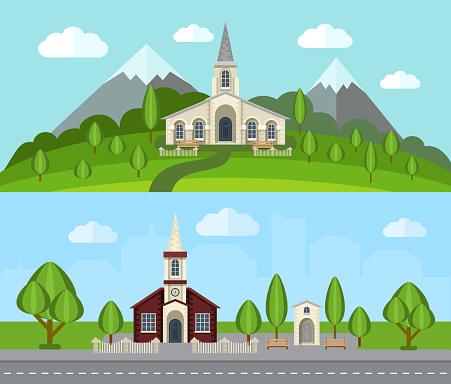 Church buildings in countryside landscape flat horizontal banner set isolated vector illustration