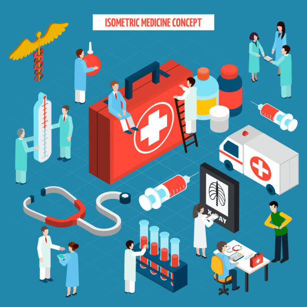 isometric people medicine concept Medical research healthcare and emergency concept with stethoscope tests results isometric pictograms composition poster abstract vector illustration x ray results stock illustrations