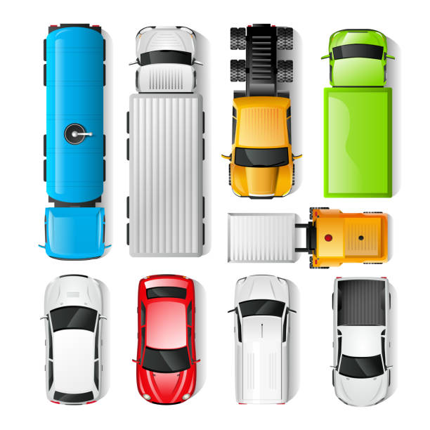 cars top view Realistic cars and trucks top view set isolated vector illustration electric motor white background stock illustrations