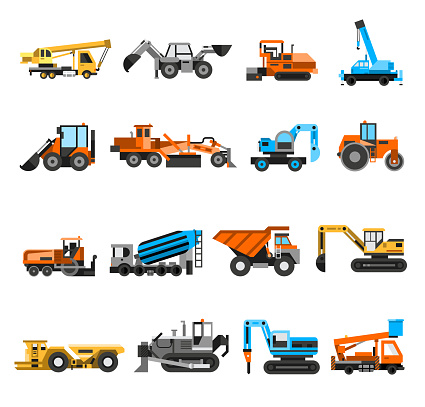 Construction machines and engineering icons set with excavator and roller flat isolated vector illustration