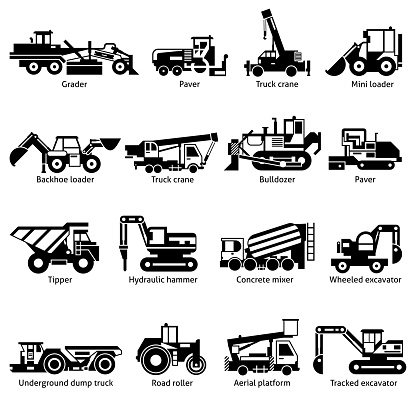 Construction machines and technics black white icons set with crane hammer and tipper flat isolated vector illustration