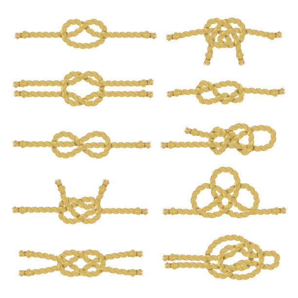 węzeł linowy - tied knot rope reef knot isolated stock illustrations