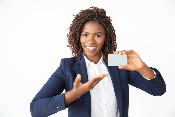 istock Content businesswoman showing card 1201100864