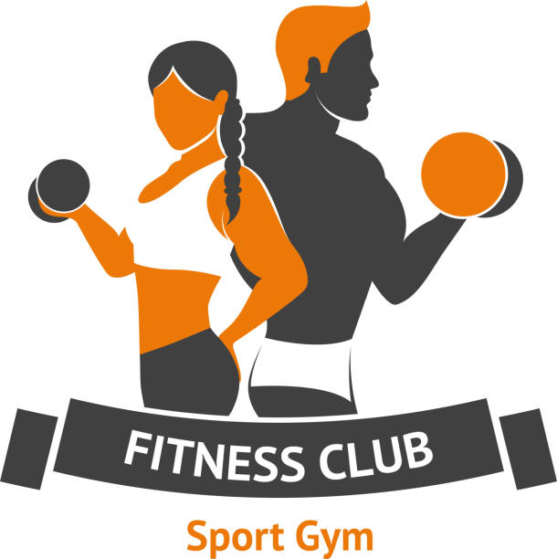 fitness logo Fitness club logo template with male and female silhouettes with dumbbells vector illustration workout logo stock illustrations