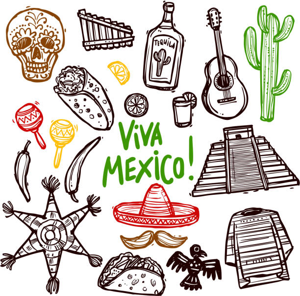 illustrations, cliparts, dessins animés et icônes de ensemble de griffonnage mexique - sombrero hat mexican culture isolated
