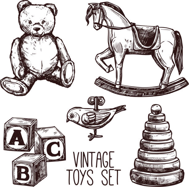vintage zestaw ków - behavior teddy bear doll old stock illustrations