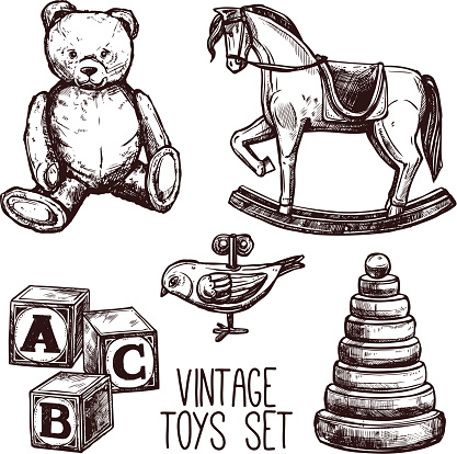 Vintage toys set with sketch teddy bear rocking horse and pyramid isolated vector illustration