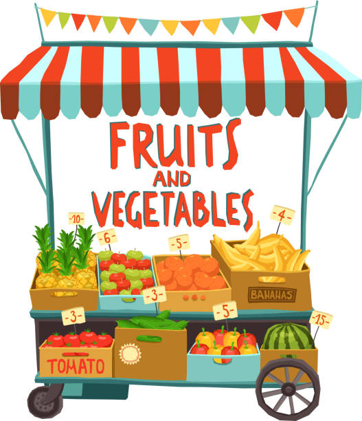 street cart Street sale cart with fruits and vegetables cartoon vector illustration vegetable stand stock illustrations