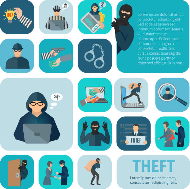 flat icon thief Stealing and theft icons set with robbery and pickpocket flat isolated vector illustration wallet gun stock illustrations
