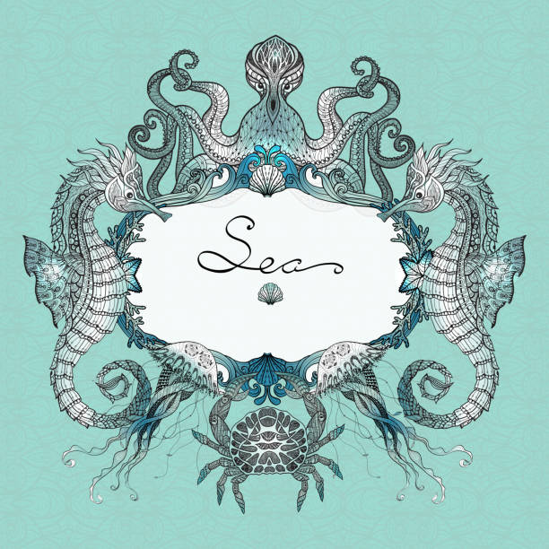sea doodle illustration Sea life badge with hand drawn octopus crab and jelly fish vector illustration wood turtle stock illustrations
