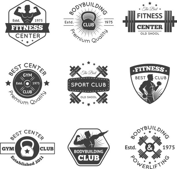 ilustraciones, imágenes clip art, dibujos animados e iconos de stock de conjunto de emblemas de gimnasio - barbell weights dumbbell sport