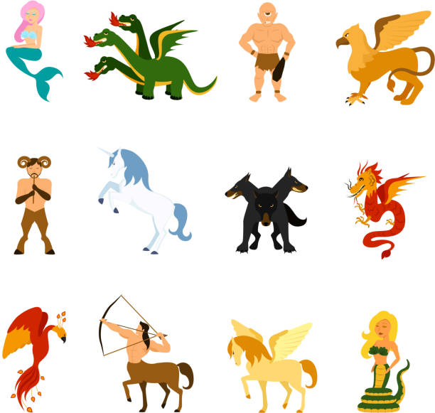 ilustraciones, imágenes clip art, dibujos animados e iconos de stock de criaturas míticas establecer - mitologia griega