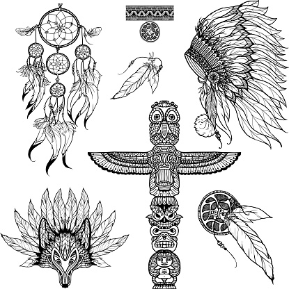 Tribal doodle set with animal mask dreamcatcher and totem isolated vector illustration