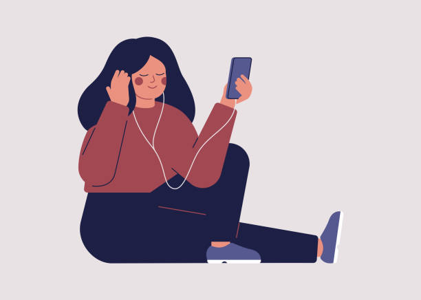 ilustraciones, imágenes clip art, dibujos animados e iconos de stock de una joven está escuchando música o audiolibro con auriculares en su teléfono inteligente - escuchar