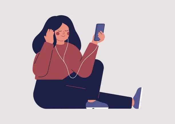 Vector illustration of Young woman is listening to music or audio book with headphones on her smartphone