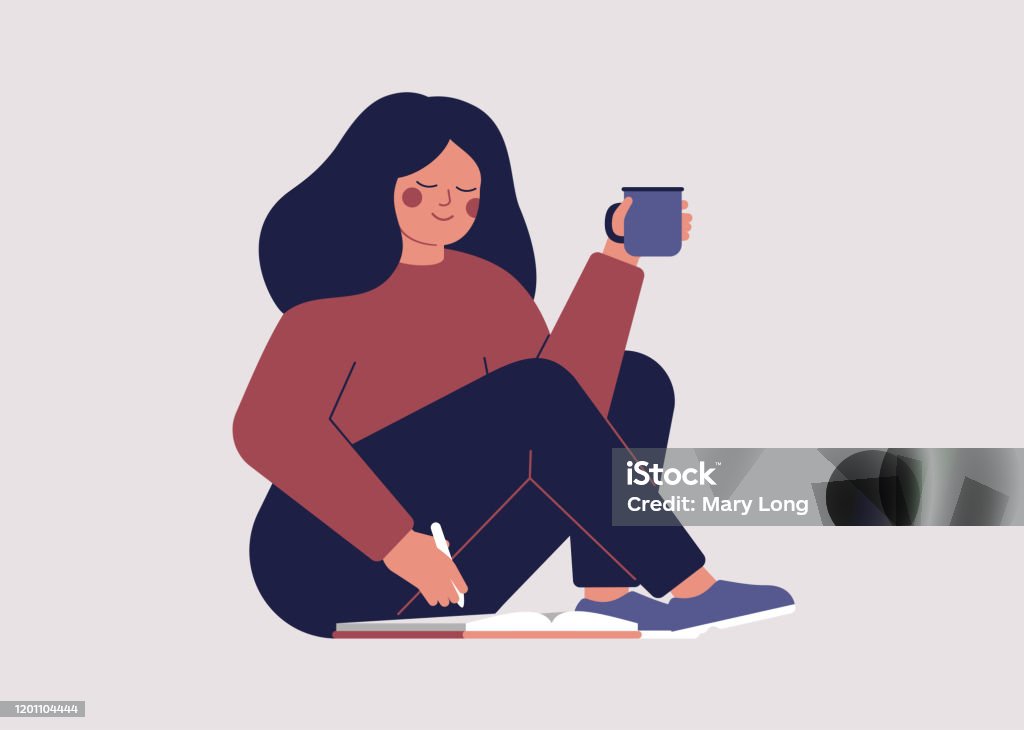 Ung kvinna går igenom sin DATEBOOK på morgonen och planerar sin dag - Royaltyfri Skriva vektorgrafik