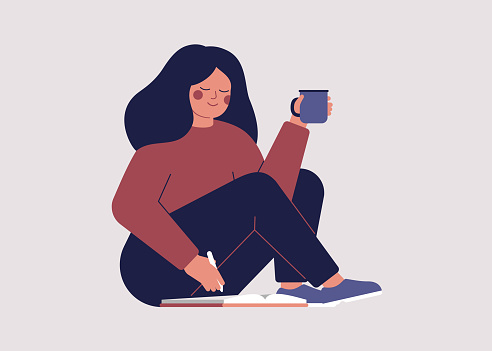 Young woman goes through her datebook in the morning and plans her day. Happy girl is drinking coffee and writing something in notebook. Vector character