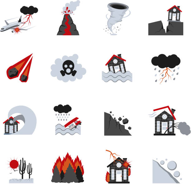 illustrazioni stock, clip art, cartoni animati e icone di tendenza di sicurezza per le catastrofi naturali set 2 - natural disaster weather symbol volcano