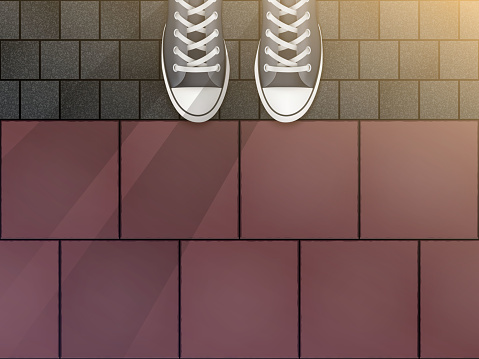 Feet in sneakers on cobblestone pavers and granite tiles. Concept of walking trip and exploring the city. Illustration of a self-guided tour of cities and streets. Vector Illustration